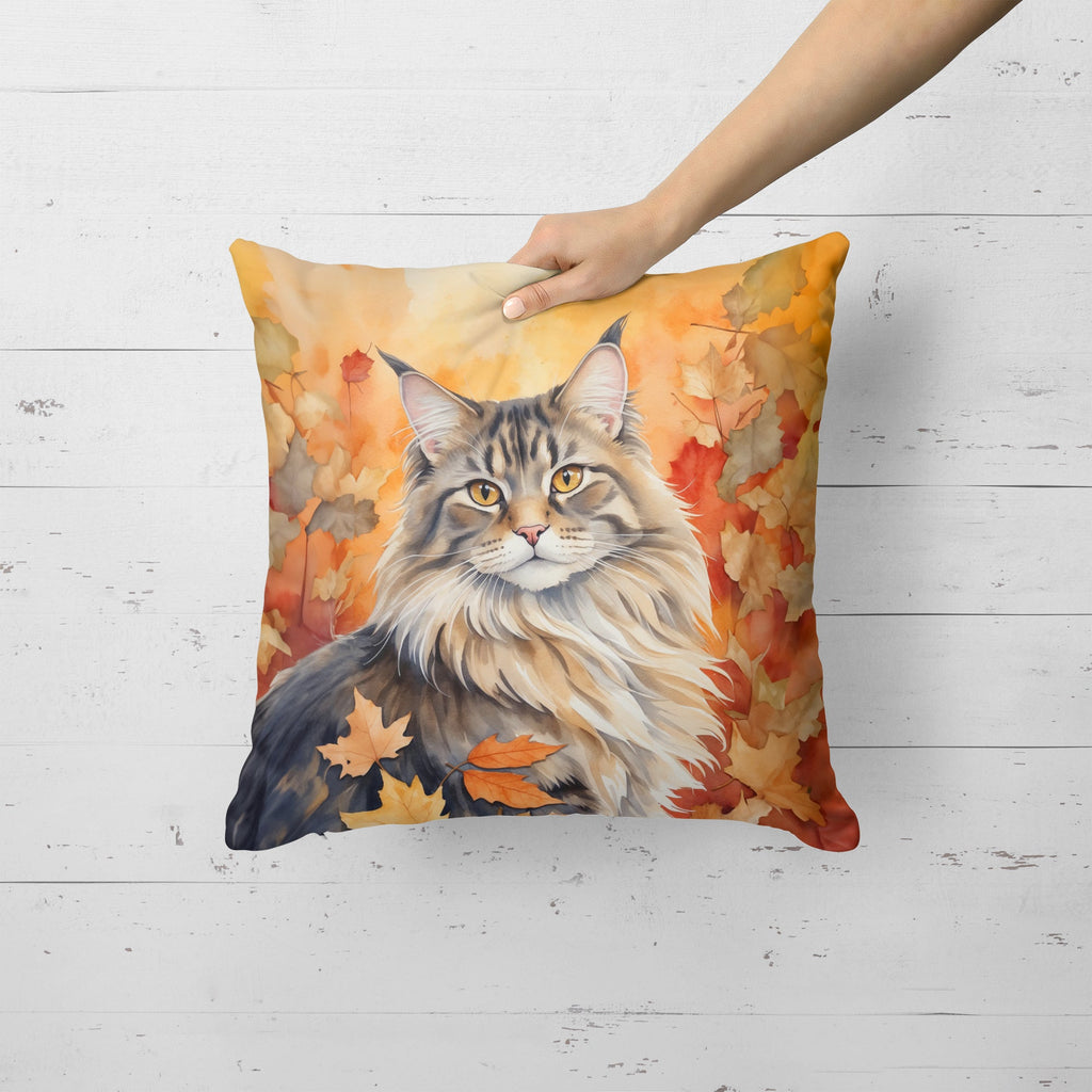 MaineCoon Cat in Fall Leaves Throw Pillow-1