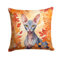 Peterbald Cat in Fall Leaves Throw Pillow-0