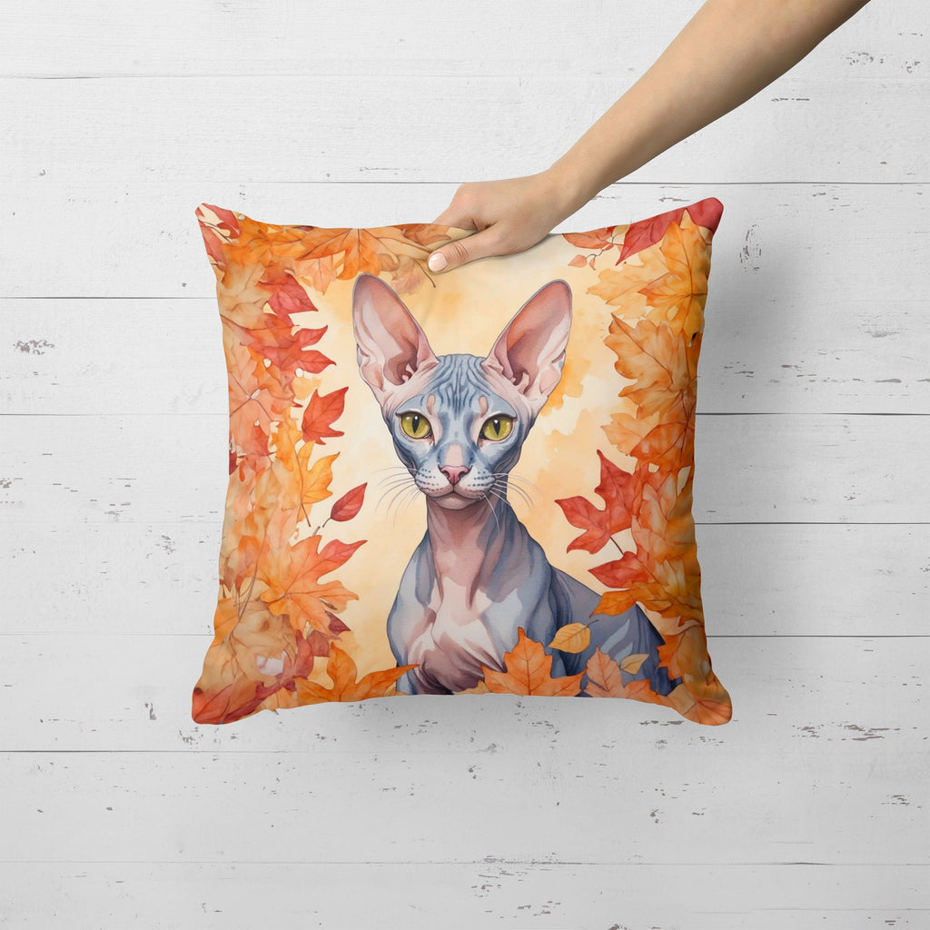 Peterbald Cat in Fall Leaves Throw Pillow-1