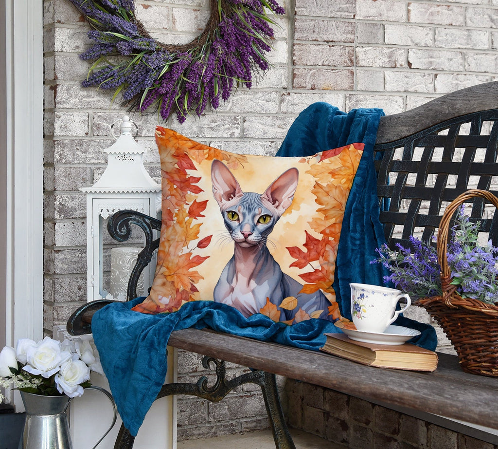 Peterbald Cat in Fall Leaves Throw Pillow-3