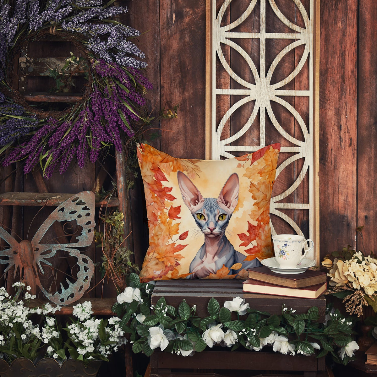 Peterbald Cat in Fall Leaves Throw Pillow-4
