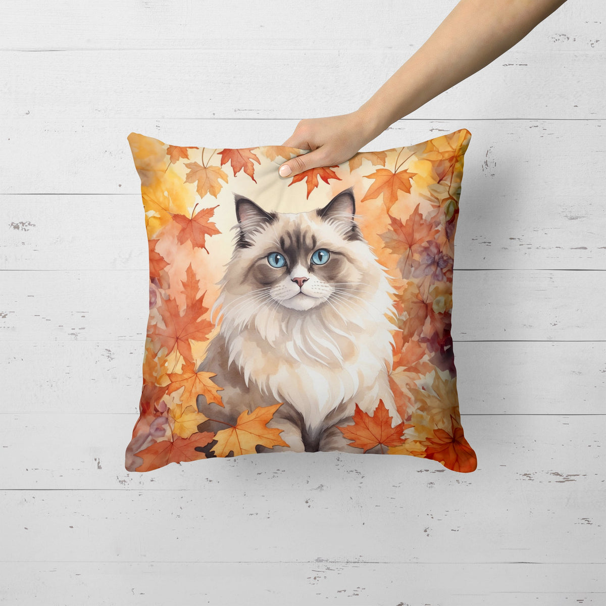 Ragdoll Cat in Fall Leaves Throw Pillow-1