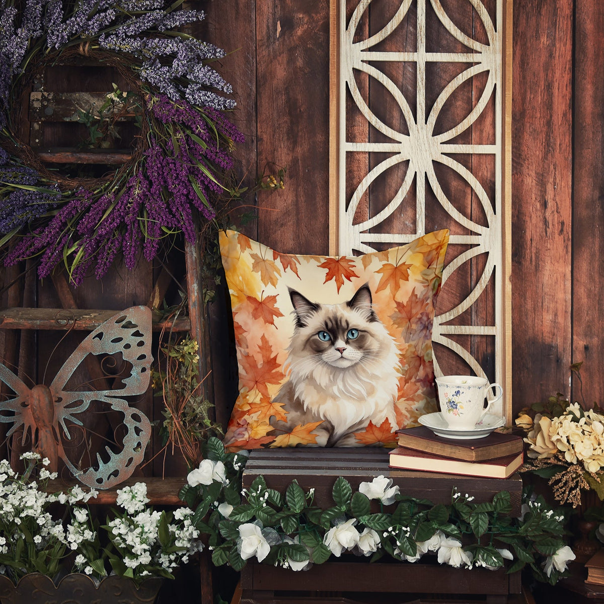 Ragdoll Cat in Fall Leaves Throw Pillow-4