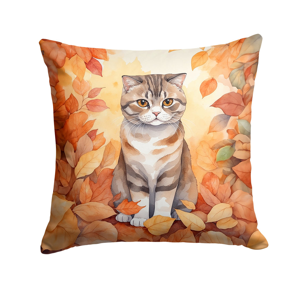 Scottish Fold Cat in Fall Leaves Throw Pillow-0