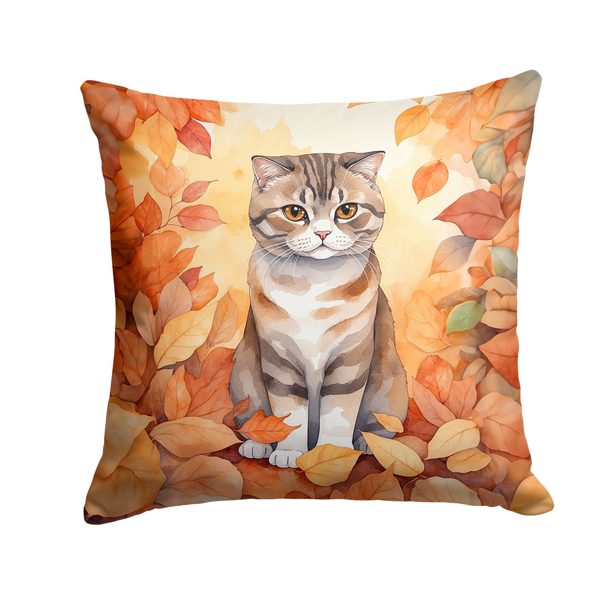 Scottish Fold Cat in Fall Leaves Throw Pillow-0