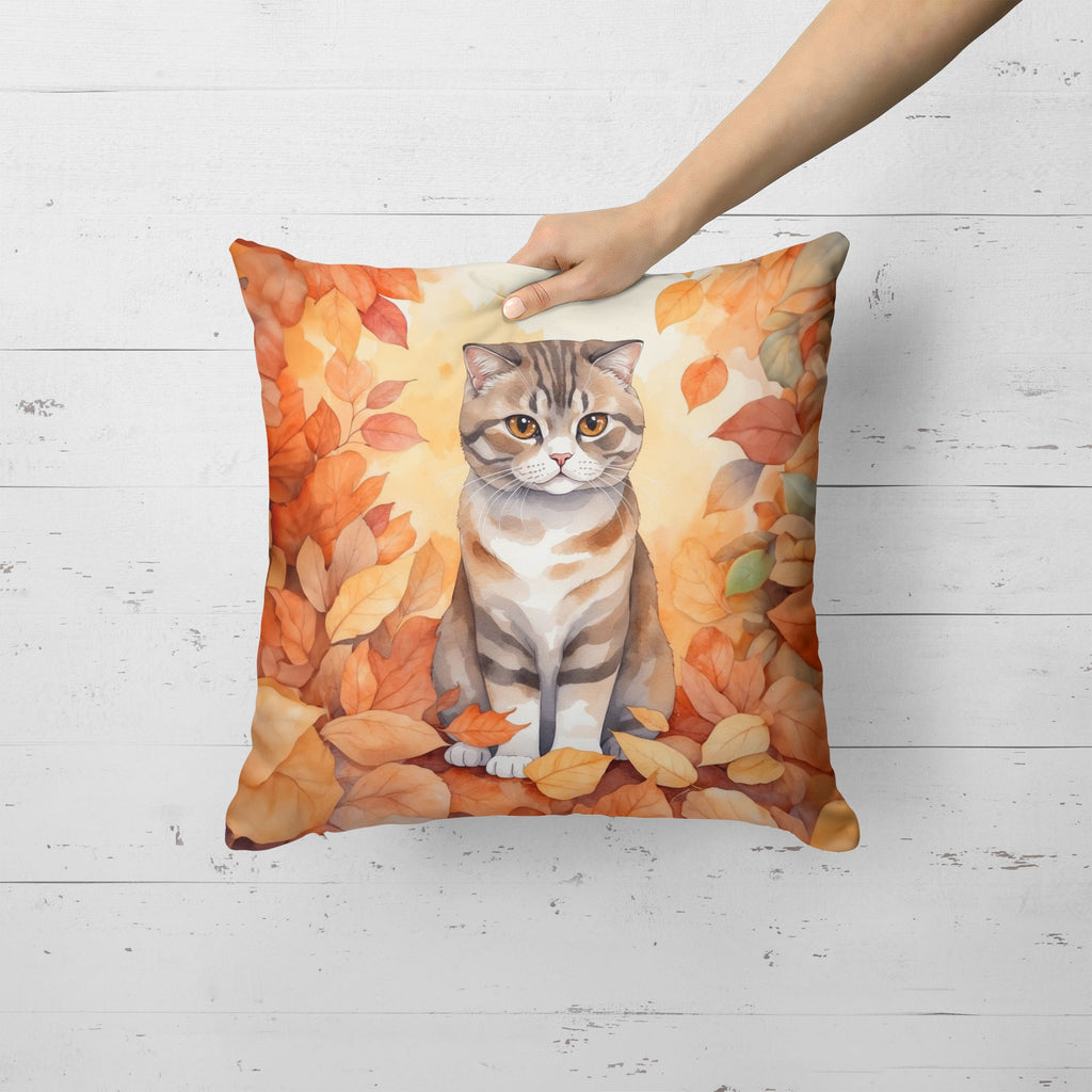 Scottish Fold Cat in Fall Leaves Throw Pillow-1