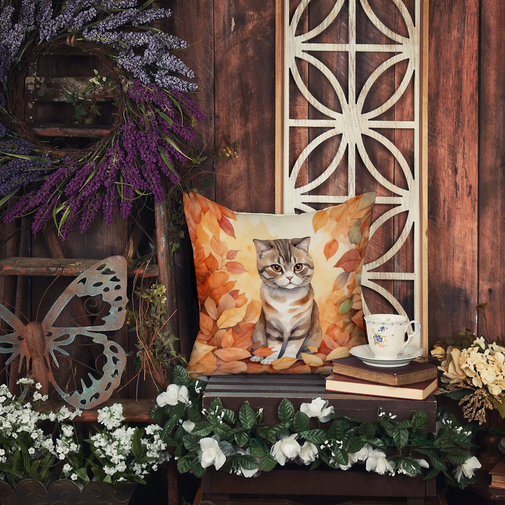 Scottish Fold Cat in Fall Leaves Throw Pillow-4