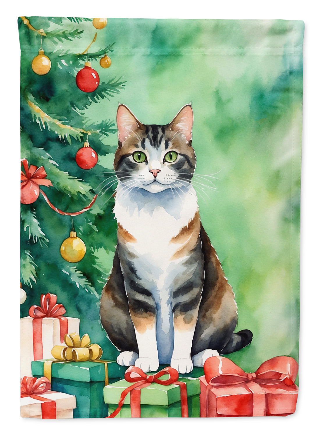 Manx Cat By the Christmas Tree House Flag-0