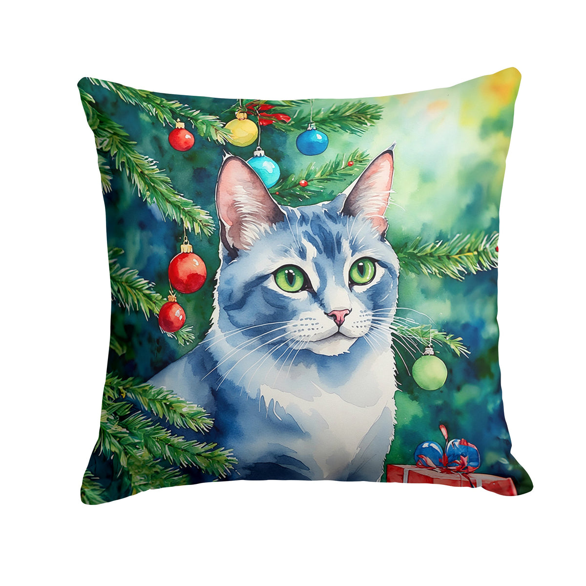 Ojos Azules Cat By the Christmas Tree Throw Pillow-0