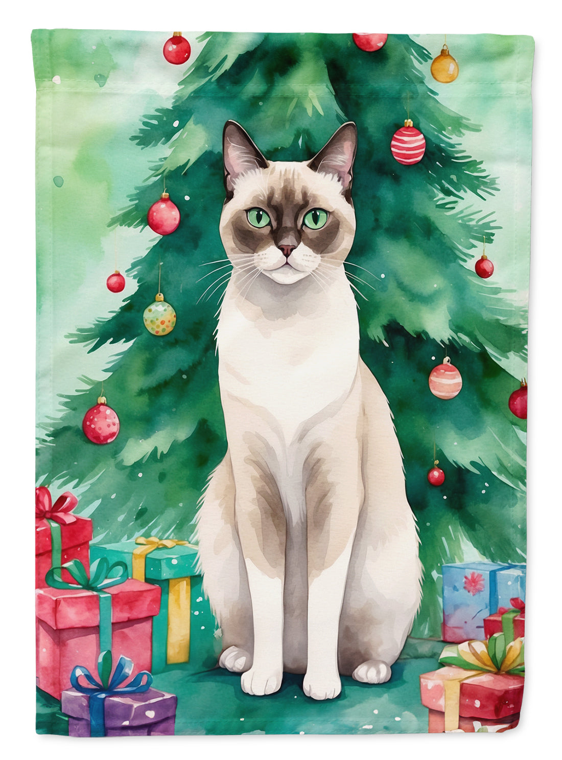 Snowshoe Cat By the Christmas Tree House Flag-0