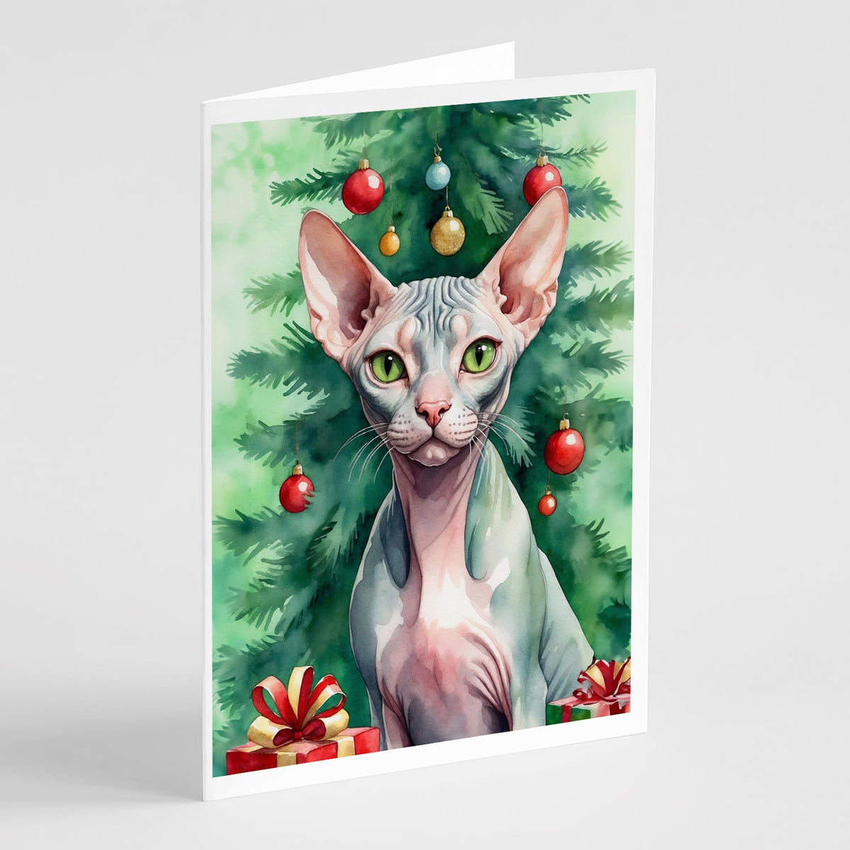 Sphynx Cat By the Christmas Tree Greeting Cards Pack of 8-0