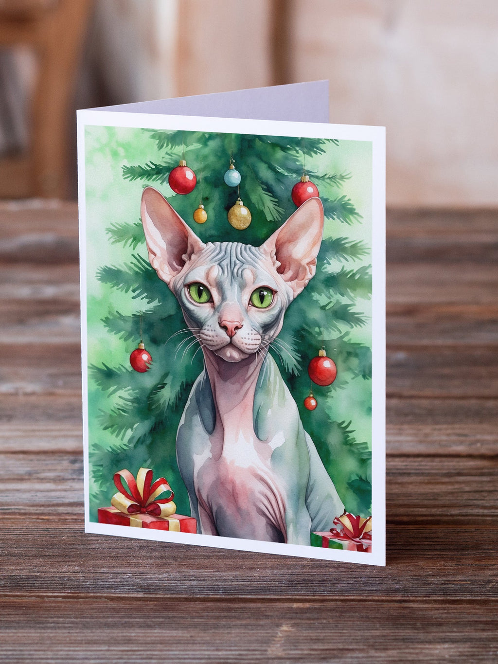 Sphynx Cat By the Christmas Tree Greeting Cards Pack of 8-1