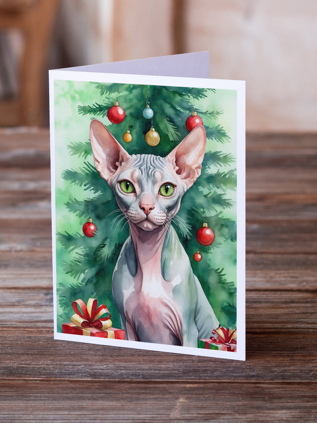 Sphynx Cat By the Christmas Tree Greeting Cards Pack of 8-1