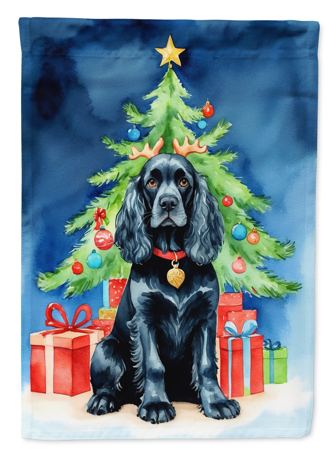 Black Cocker Spaniel Christmas Reindeer House Flag-0