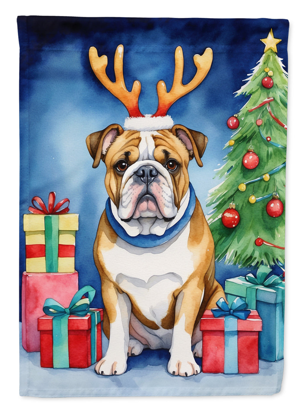 English Bulldog Christmas Reindeer House Flag-0