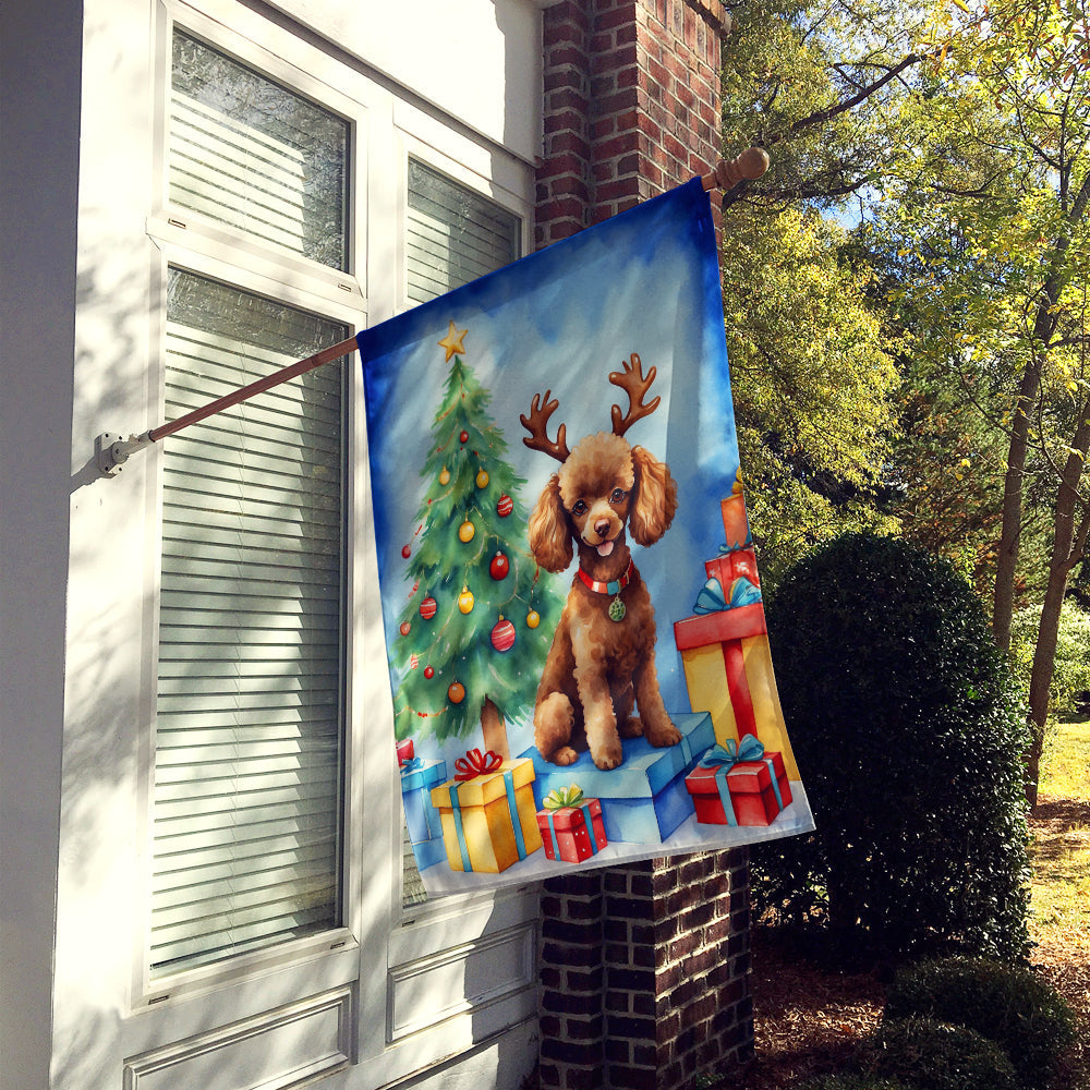 Chocolate Toy Poodle Christmas Reindeer House Flag-1
