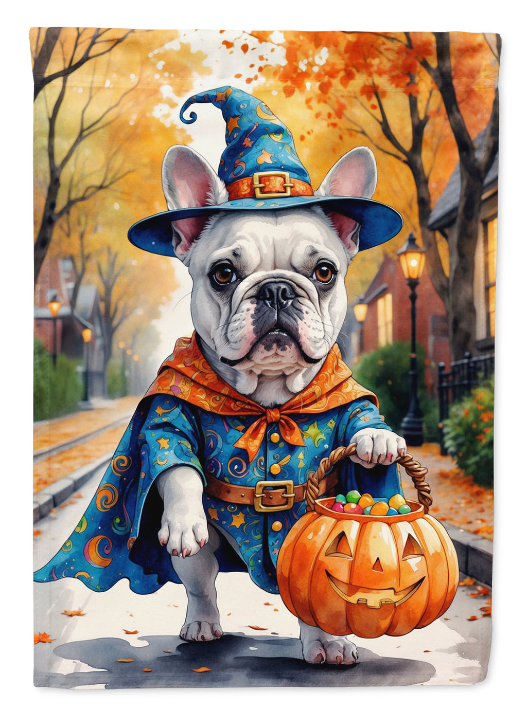 White French Bulldog Halloween Trick or Treat House Flag-0