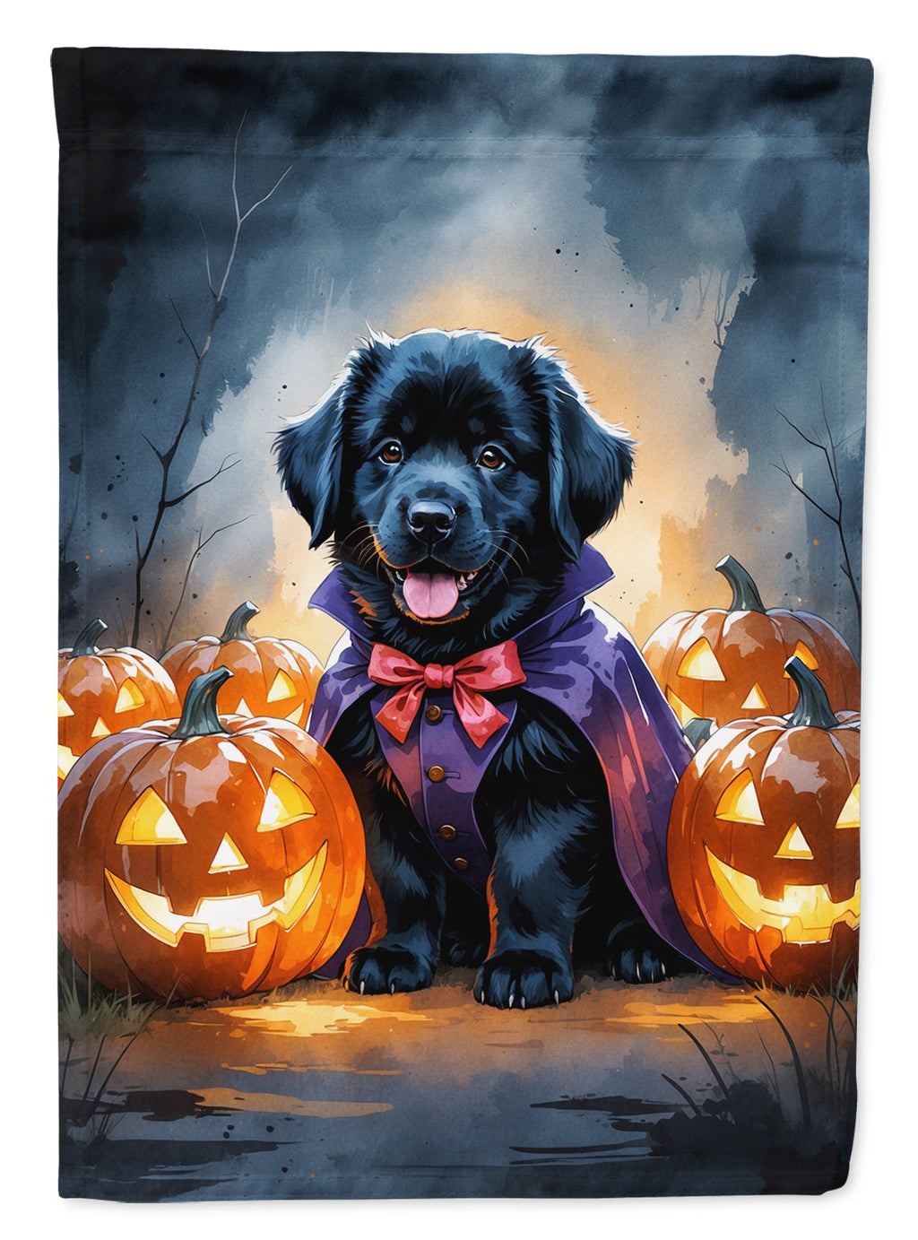 Black Newfoundland Puppy Halloween House Flag-0