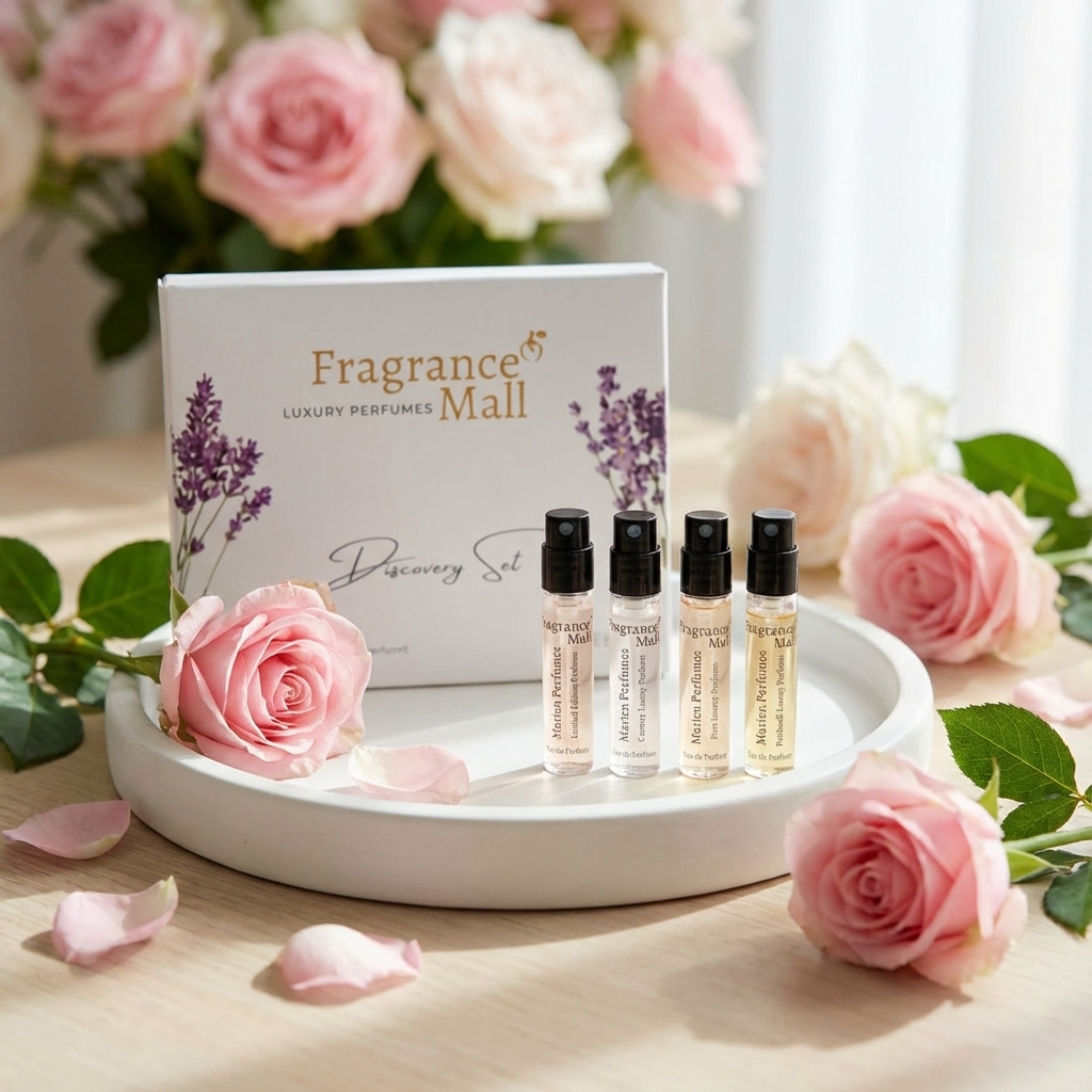 Luxury perfume discovery set in premium travel box, four small glass fragrance vials for women — view 3