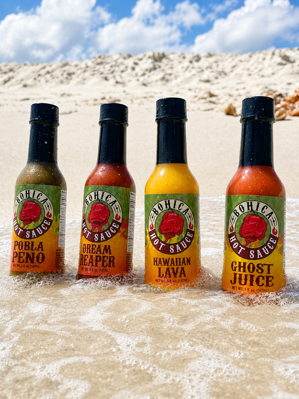 Bohica hot sauce four pack gift set featuring four glass bottles with colorful flavor labels — view 2