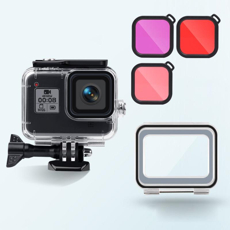 Clear waterproof GoPro HERO8 case with touch back cover and three colourful lens filters