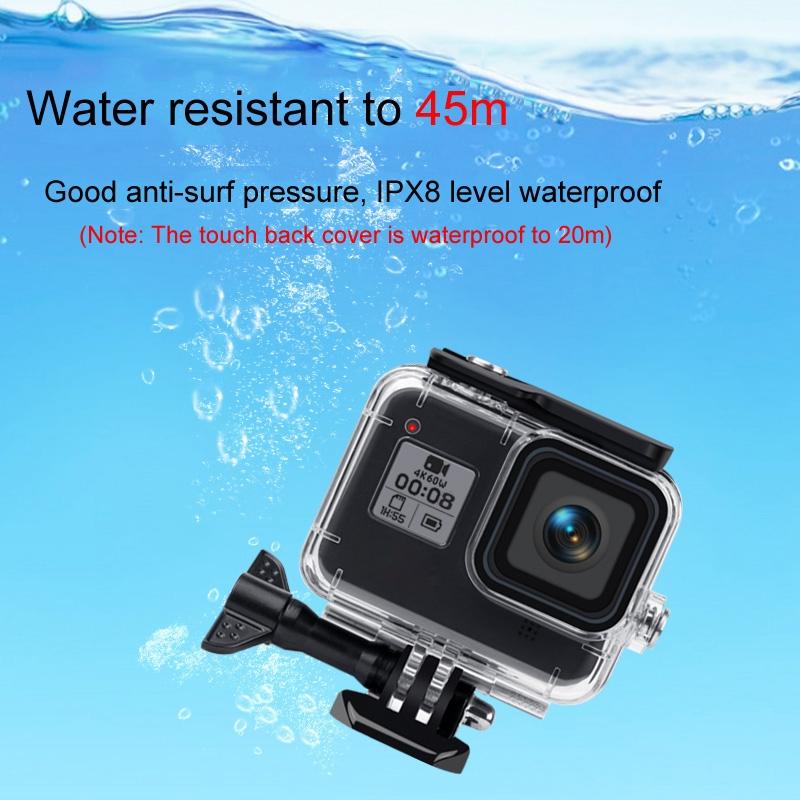 Clear waterproof GoPro HERO8 case with touch back cover and three colourful lens filters — view 2