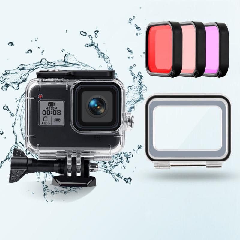 Clear waterproof GoPro HERO8 case with touch back cover and three colourful lens filters — view 5