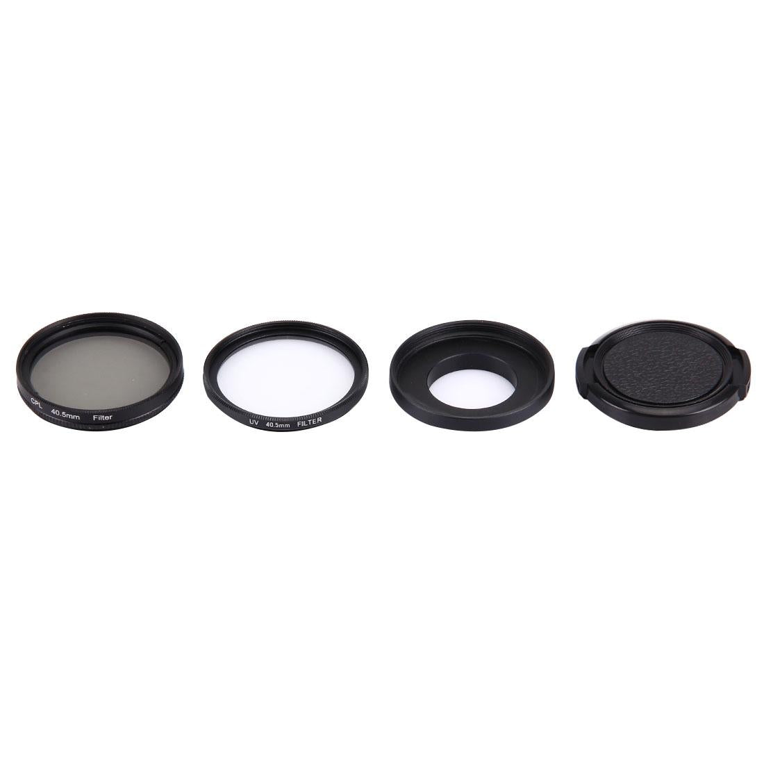 Black 40.5mm action camera lens filter kit with UV CPL glass and waterproof housing adapter
