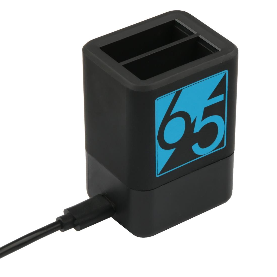 Black dual USB-C battery charger for GoPro cameras with charging cable and LED indicator lights