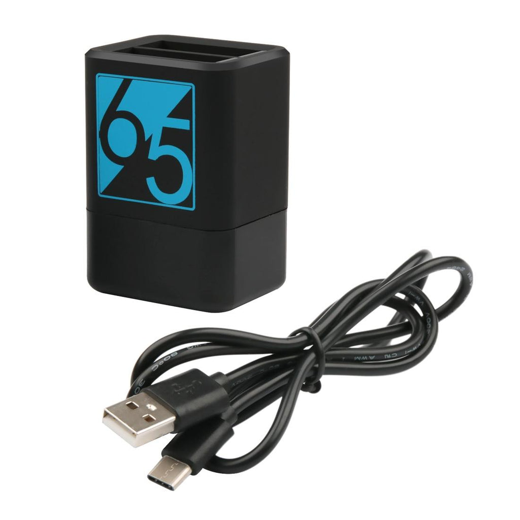 Black dual USB-C battery charger for GoPro cameras with charging cable and LED indicator lights — view 2