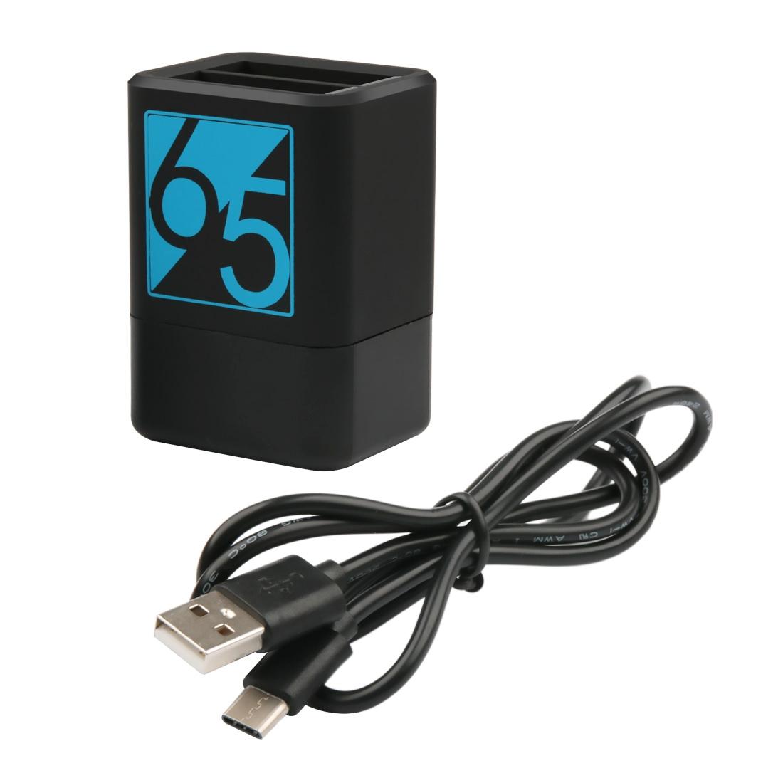 Black dual USB-C battery charger for GoPro cameras with charging cable and LED indicator lights — view 2