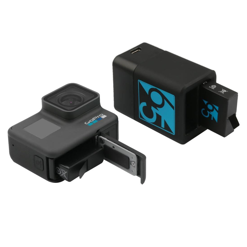 Black dual USB-C battery charger for GoPro cameras with charging cable and LED indicator lights — view 4