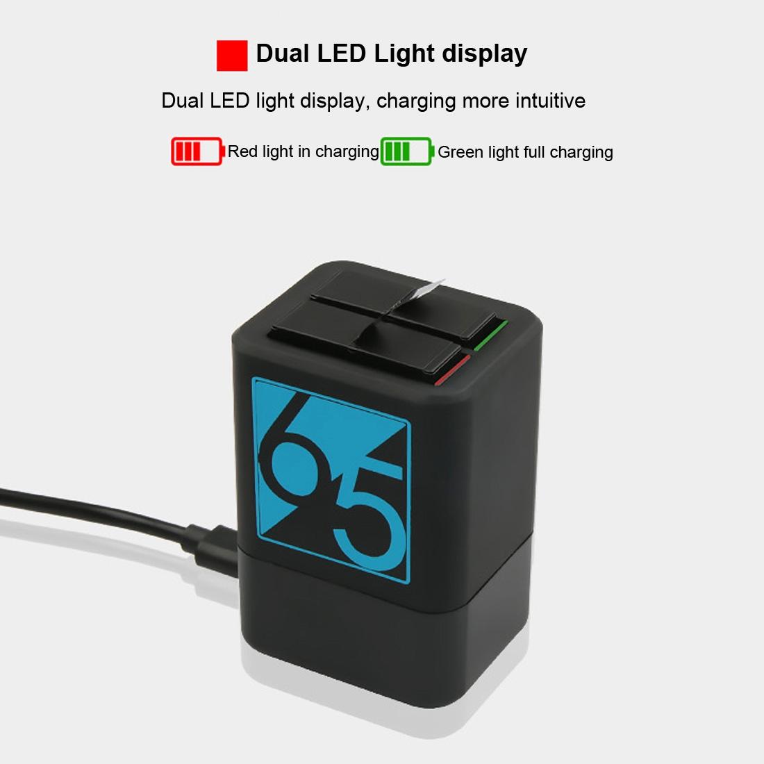 Black dual USB-C battery charger for GoPro cameras with charging cable and LED indicator lights — view 5