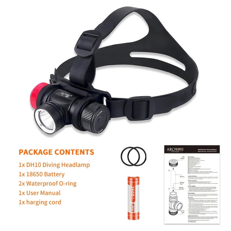 ARCHON DH10 waterproof diving headlamp in black aluminum with head strap and glossy reflector lens. — view 4