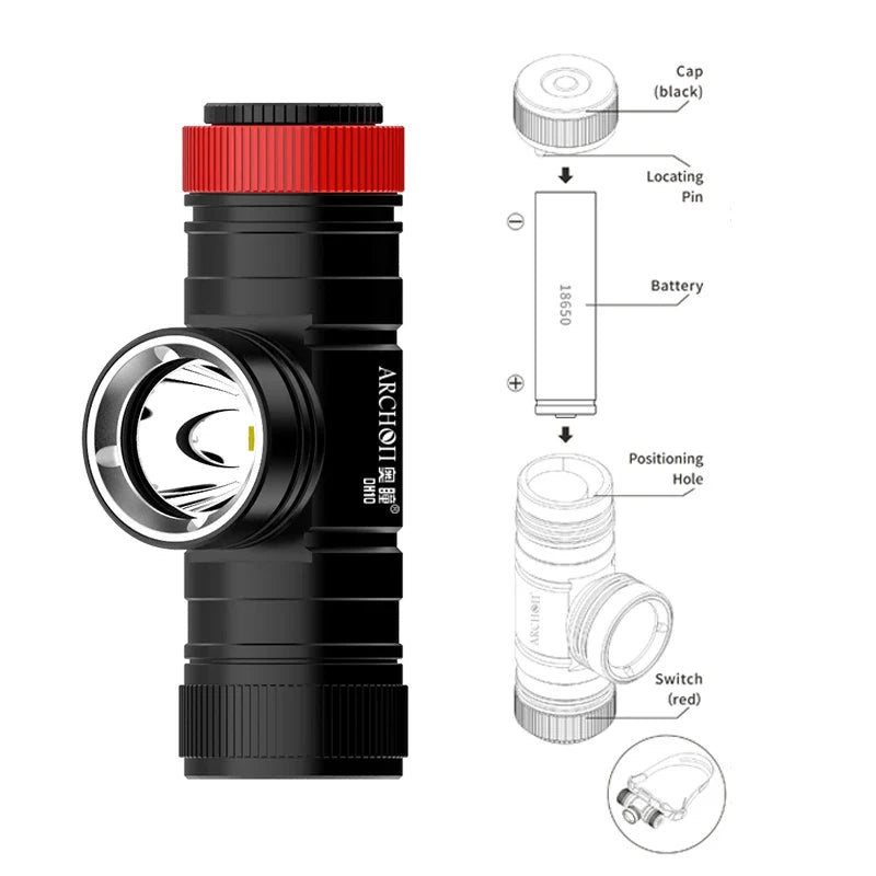 ARCHON DH10 waterproof diving headlamp in black aluminum with head strap and glossy reflector lens. — view 2