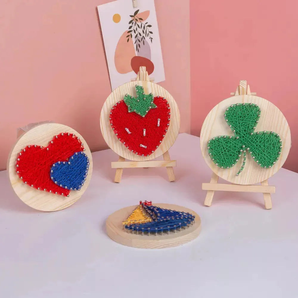 Pineapple string art kit with wooden display stand yellow and green threads and crafting pins — view 5