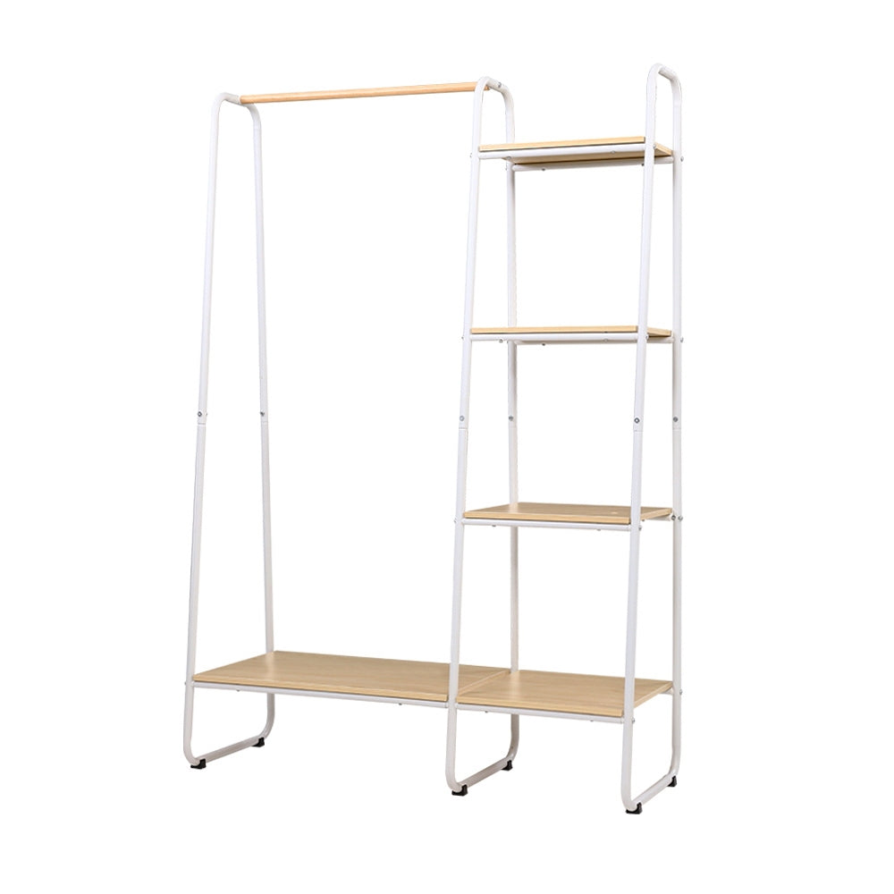 White powder-coated metal clothes rack with wooden storage shelves and anti-slip hanging bar — view 3