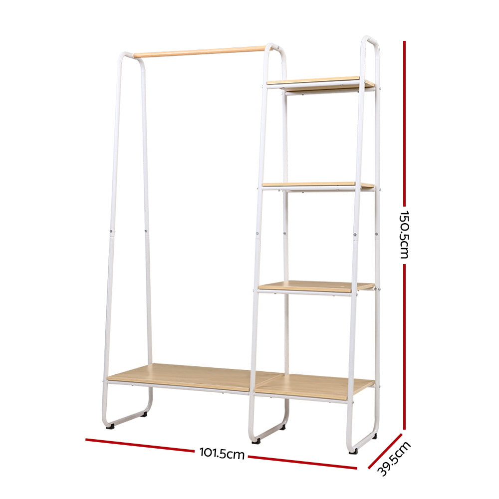 White powder-coated metal clothes rack with wooden storage shelves and anti-slip hanging bar — view 4