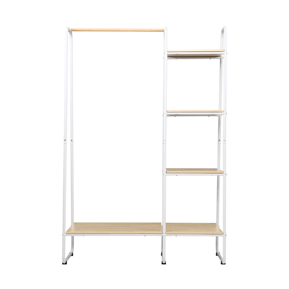 White powder-coated metal clothes rack with wooden storage shelves and anti-slip hanging bar — view 5
