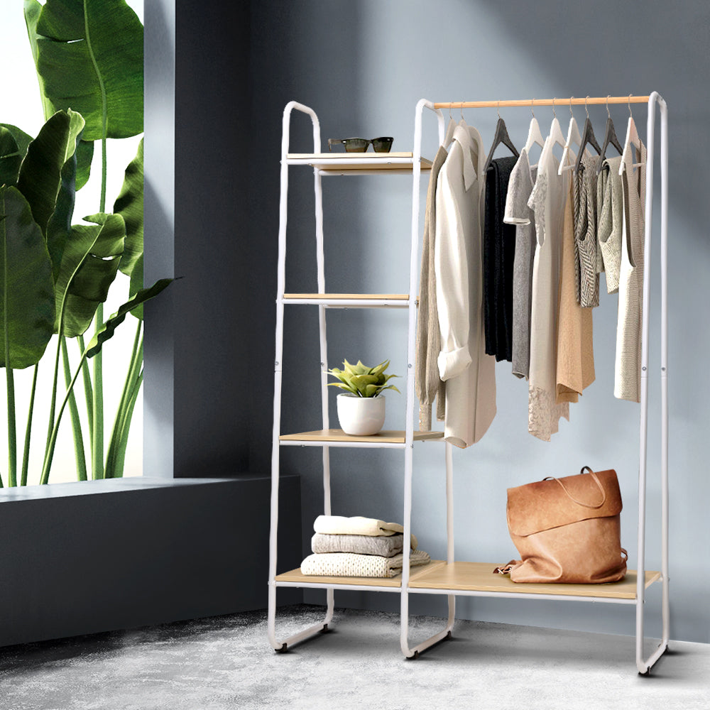 White powder-coated metal clothes rack with wooden storage shelves and anti-slip hanging bar