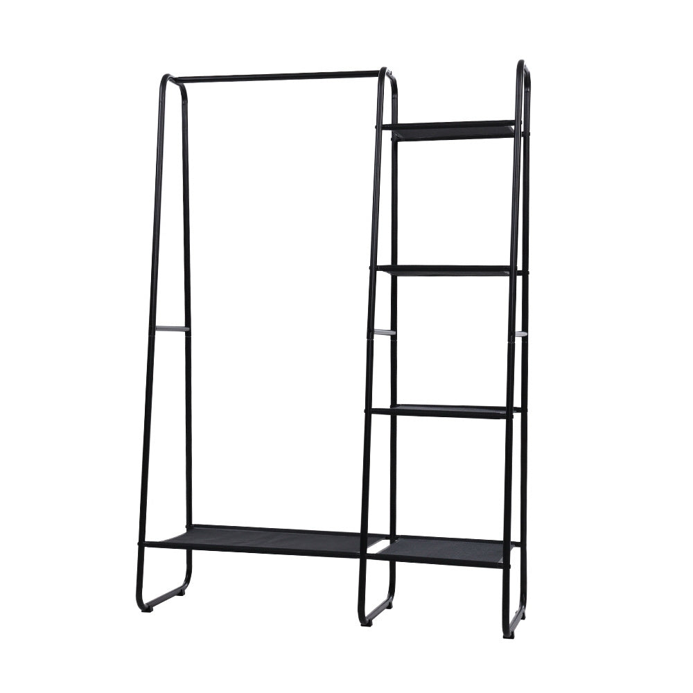 Black metal freestanding clothes rack with a hanging bar and five fabric storage shelves. — view 3