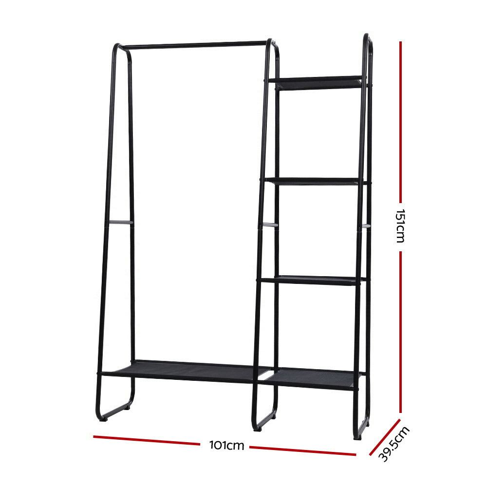 Black metal freestanding clothes rack with a hanging bar and five fabric storage shelves. — view 4