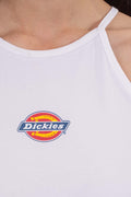 White Dickies Chain Lake women's mini dress featuring a slim fit and front logo print