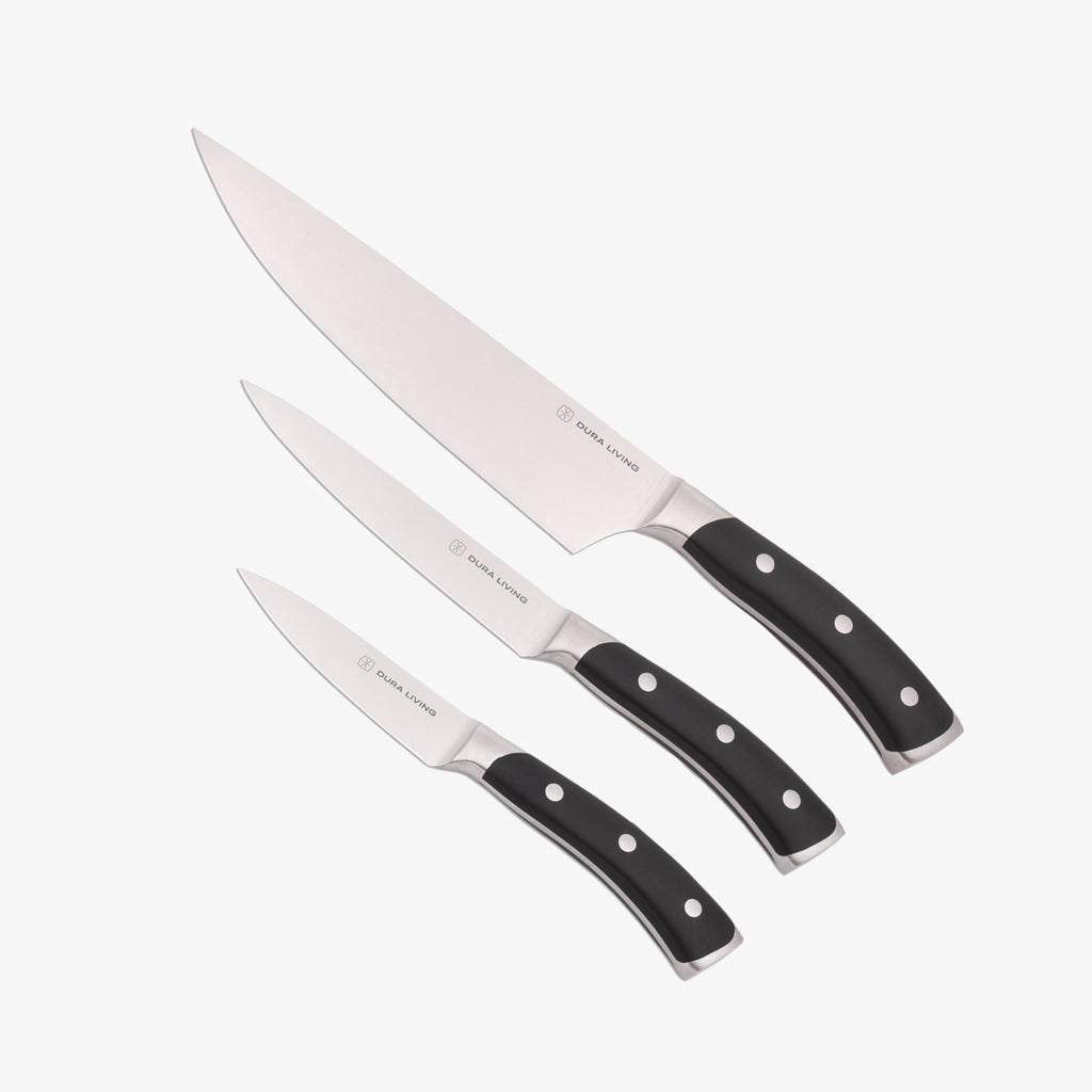 Elite 3-piece kitchen knife set with black ergonomic handles and high-carbon German steel blades