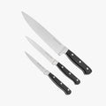 Superior 3-piece kitchen knife set with black ergonomic handles and protective blade guards