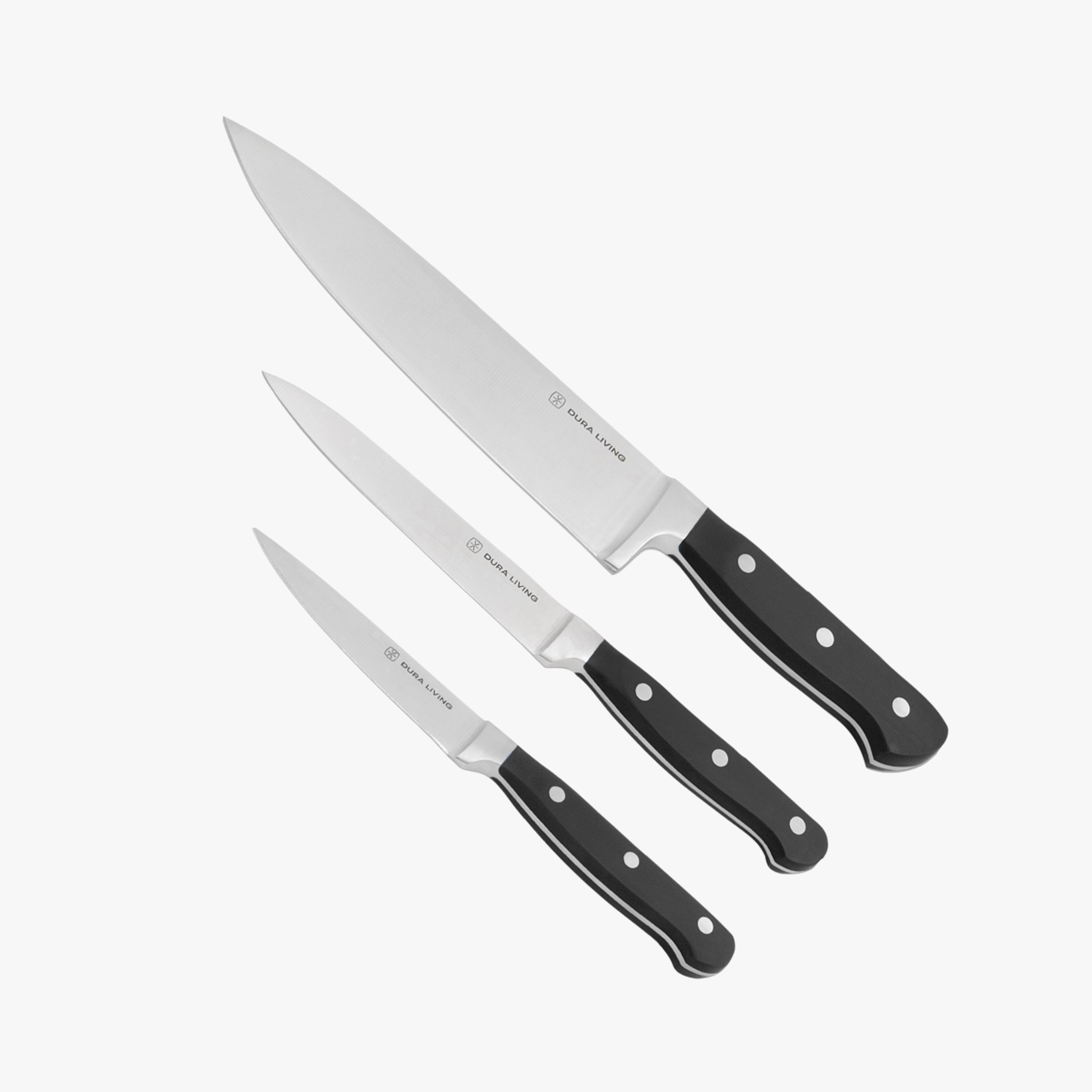 Superior 3-piece kitchen knife set with black ergonomic handles and protective blade guards