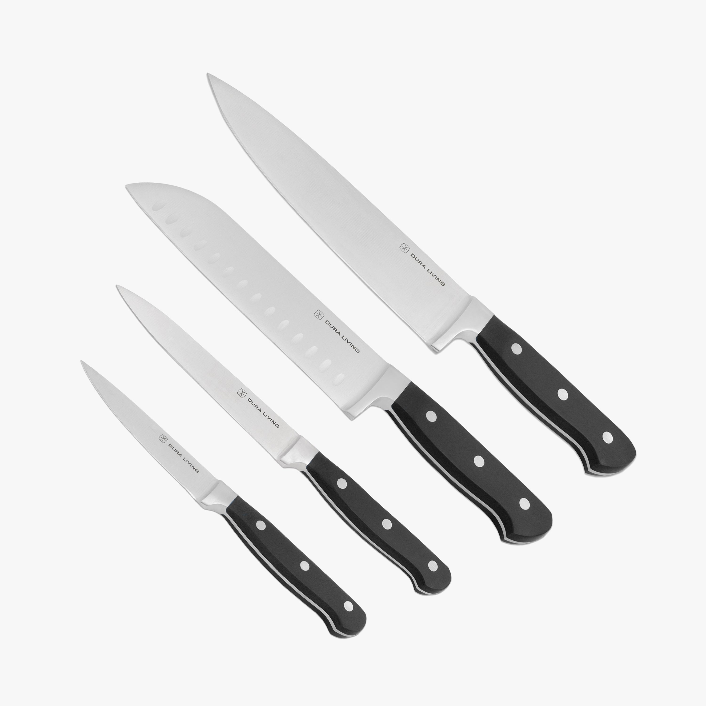 4-piece kitchen knife set with black ergonomic handles and German steel blades with protective guards