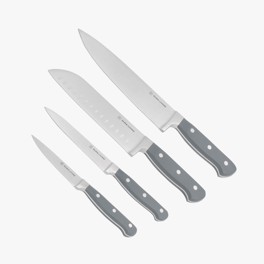 Superior 4-piece kitchen knife set in gray with high-carbon steel blades and protective safety guards.