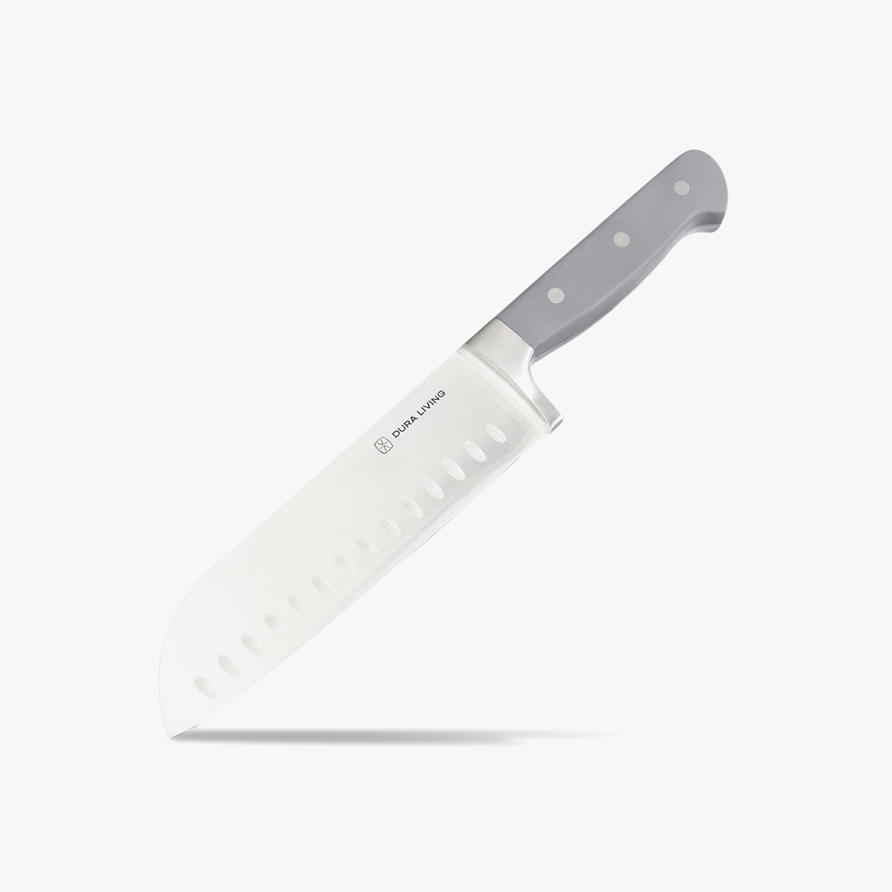 Superior 8-inch chef knife with gray ergonomic handle and high-carbon German steel blade.