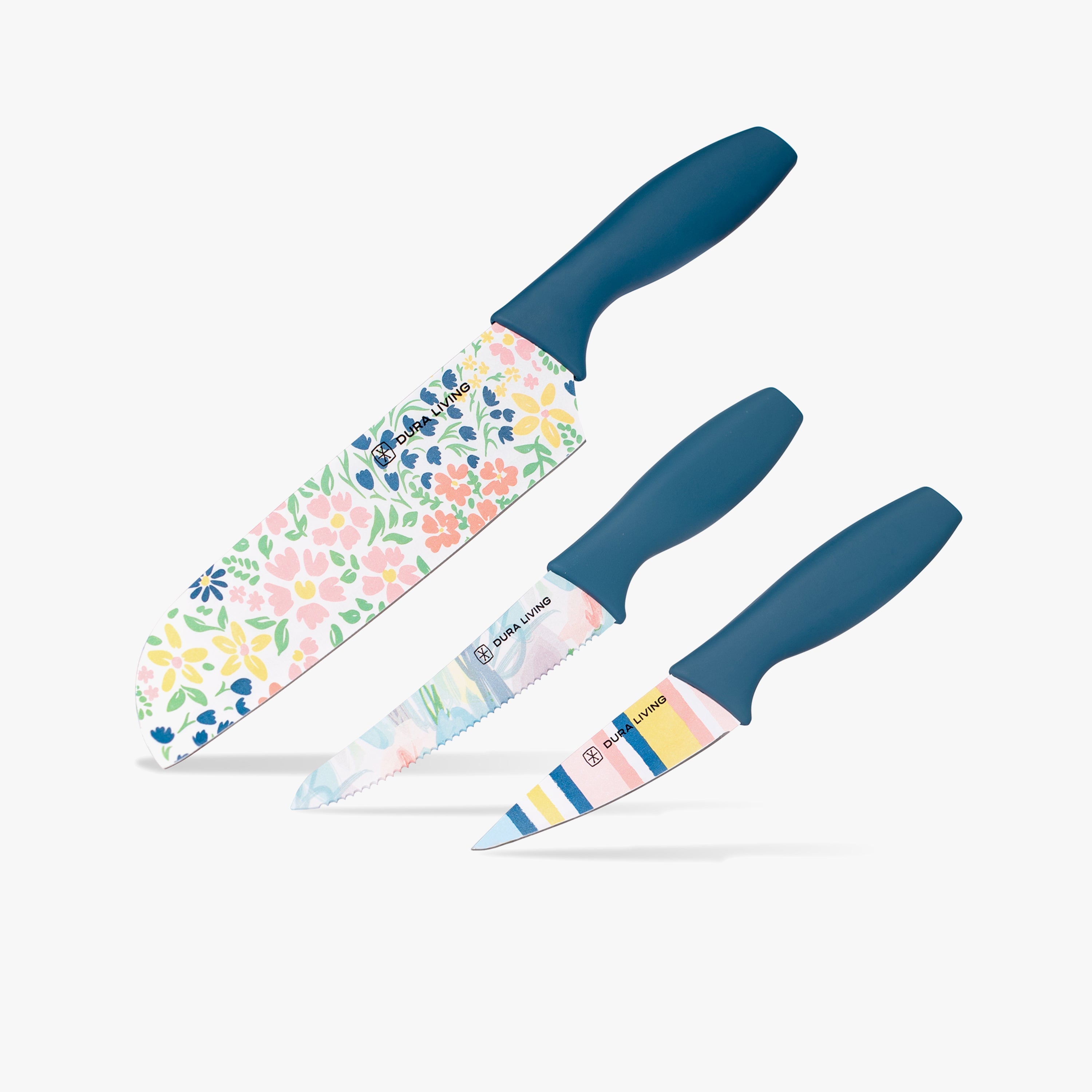 Three piece floral printed kitchen knife set with blade guards in high carbon German steel.